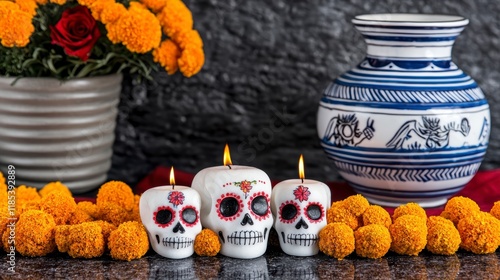 Day of the Dead Altar  Sugar Skulls  Marigolds  Candles  Mexican Tradition photo