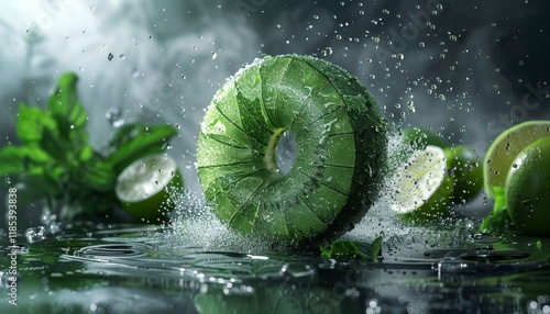 A green kiwi fruit shaped like a donut, with lime slices, mint leaves, and water droplets, on a dark background. photo