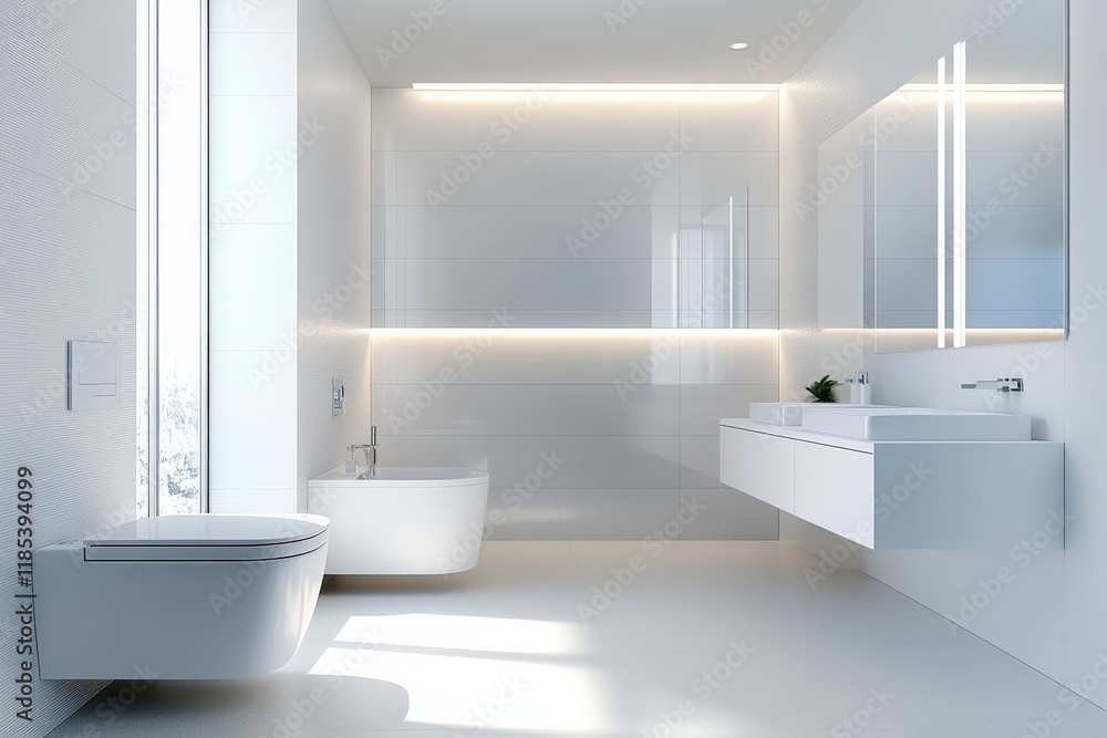 Modern minimalist bathroom with floating vanity and ambient lighting Modern minimalist bathroom with floating vanity and ambient lighting