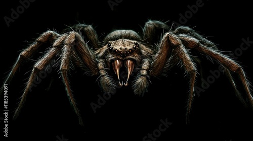 A large, hairy spider with prominent fangs, viewed from the front against a black background.