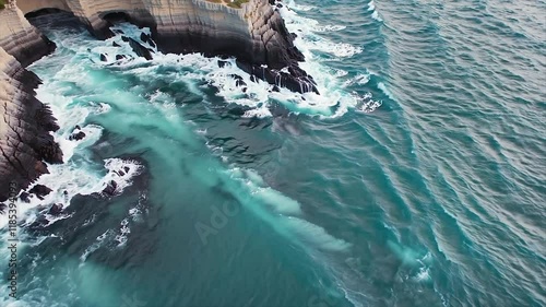 Experience the Majesty of Ocean Waves Crashing Against Rugged Sea Cliffs in a High-Definition Aerial Cinematic Scene