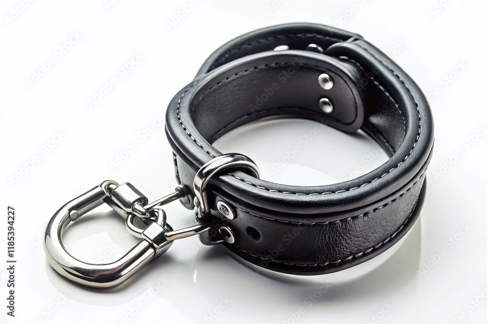 Single Black Leather Handcuff Isolated on White Background - Drone Photography Style Single Black Leather Handcuff Isolated on White Background - Drone Photography Style