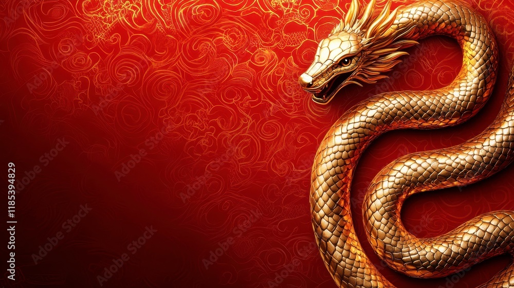 Gold Zodiac Snake on Red Background with Patterns Gold Zodiac Snake on Red Background with Patterns