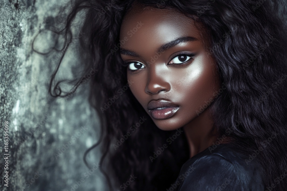 Commercial marketing visual idea. Long haircut - beach waves hair. Attractive calm black girl - for ads, magazine ad and online marketing use. Beautiful african advertising photography. Commercial marketing visual idea. Long haircut - beach waves hair. Attractive calm black girl - for ads, magazine ad and online marketing use. Beautiful african advertising photography.