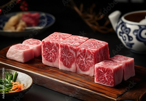 Exquisite Display of Marbled Wagyu Beef Cubes on a Wooden Platter with Fresh Vegetables, Perfect for Gourmet Cuisine and Culinary Presentations