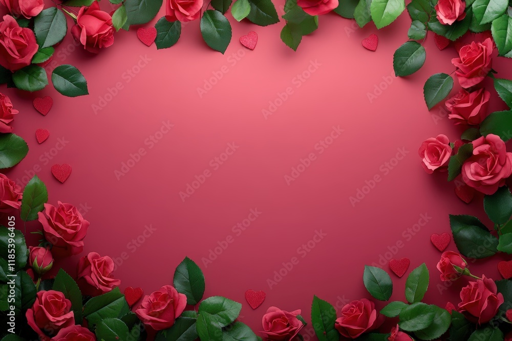 A stunning heart-shaped frame crafted from lush red roses, set against a vibrant red background, perfect for celebrating love on Valentine's Day. A stunning heart-shaped frame crafted from lush red roses, set against a vibrant red background, perfect for celebrating love on Valentine's Day.