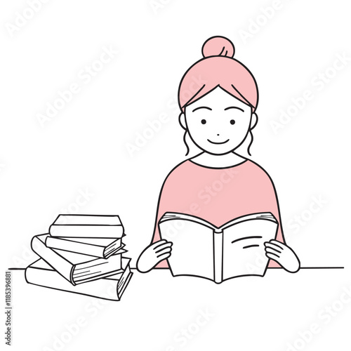 積み上げた本の横で読書を楽しむ女性のペン画イラスト