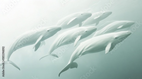 A pod of five white whales swimming together in serene ocean waters. photo