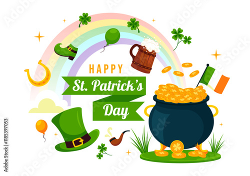 Happy St. Patrick's Day Vector Illustration on March 17 Featuring Golden Coins, a Green Hat, Beer, and Shamrocks in a Flat Style Cartoon Background
