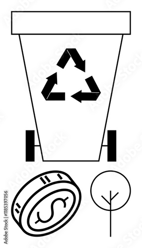 Trash bin with recycling symbol, dollar coin, and tree. Ideal for environmental awareness, eco-friendly businesses, sustainability projects, waste management, recycling programs, green economy