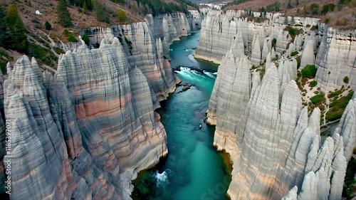 Explore the Tranquility of a Turquoise River Flowing Through Towering Basalt Gorge in a Stunning Aerial Cinematic View