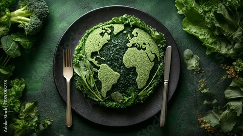 Fototapeta Naklejka Na Ścianę i Meble -  A world map on a plate with a fork and knife representing green earth concept