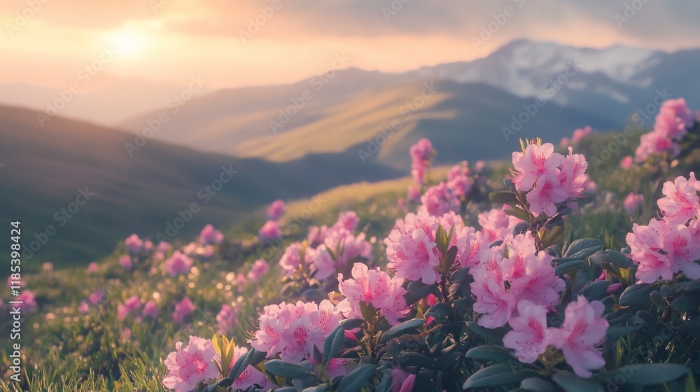 Obraz premium A serene landscape featuring blooming pink flowers with mountains and a sunset in the background.