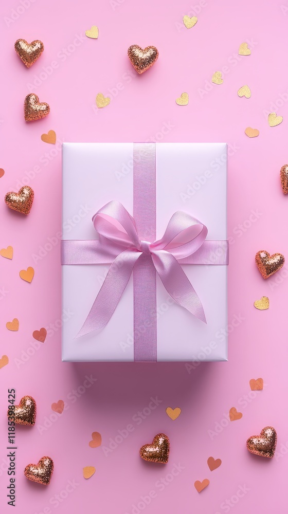 A charming white gift box adorned with a delicate pink ribbon and shimmering gold hearts, perfect for expressing love on Valentine's Day. A charming white gift box adorned with a delicate pink ribbon and shimmering gold hearts, perfect for expressing love on Valentine's Day.