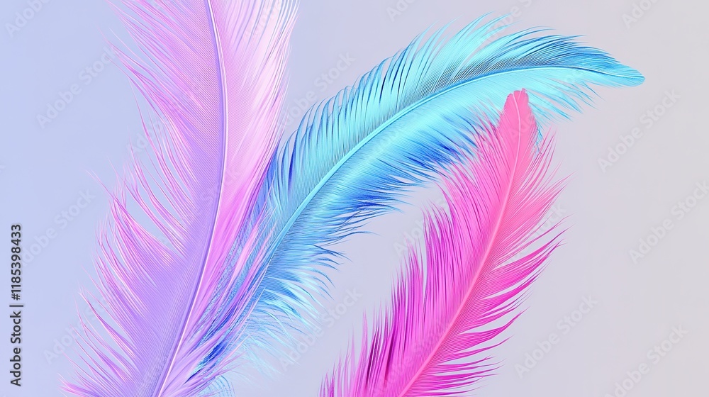 Obraz premium Pink and Blue 3D Rendering of a Feather Isolated on a Neutral Background, Highlighting Its Delicate Texture and Vibrant Colors. A Symbol of Grace and Beauty.