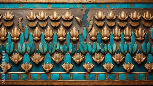 Egyptian design pattern with lotus flowers in turquoise and gold with ancient feel photo