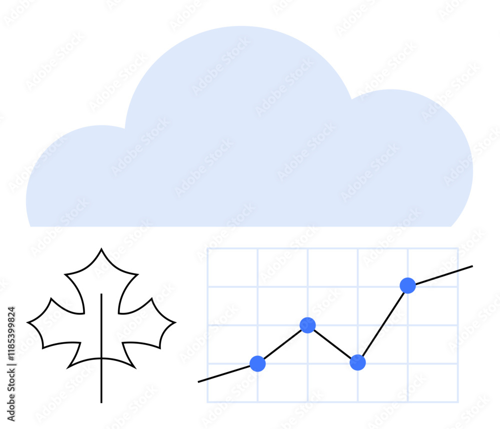 Minimal image of a cloud, line graph with data points, and maple leaf outline. Ideal for technology, data insights, cloud computing, sustainability, environmental impact, renewable energy abstract Minimal image of a cloud, line graph with data points, and maple leaf outline. Ideal for technology, data insights, cloud computing, sustainability, environmental impact, renewable energy abstract