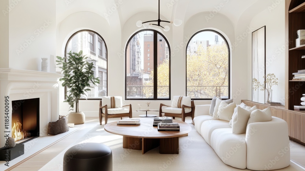 Fototapeta premium Scandinavian living room, minimalist interior design, arched windows, natural light, wooden floors, grey sofa, round coffee table, pendant light, fiddle leaf fig plant, neutral color palette, high cei