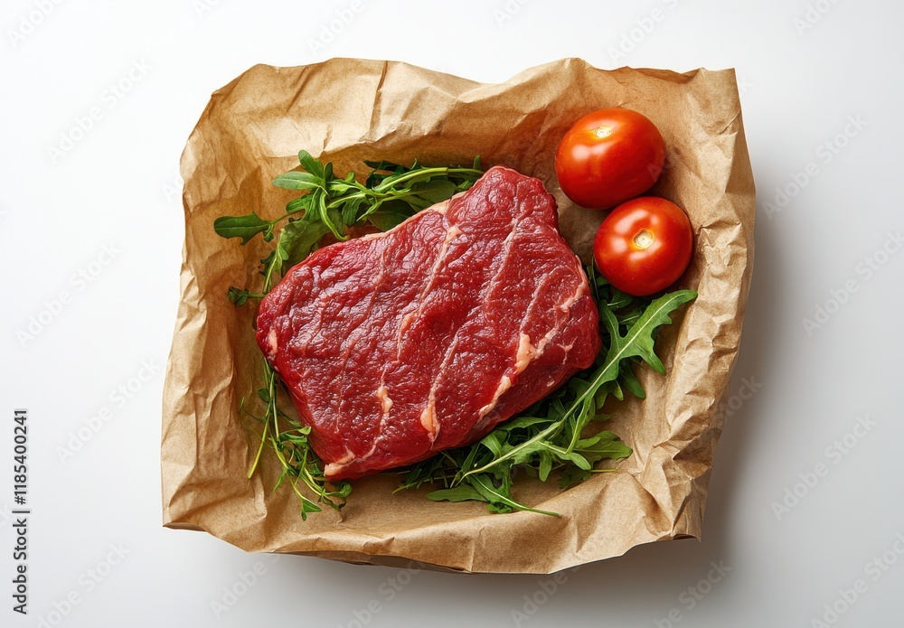 Fresh Raw Steak Surrounded by Green Arugula and Red Tomatoes on Crumpled Brown Paper, Ideal for Culinary and Food Photography Projects Fresh Raw Steak Surrounded by Green Arugula and Red Tomatoes on Crumpled Brown Paper, Ideal for Culinary and Food Photography Projects