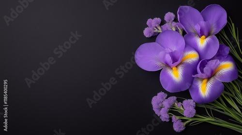 Elegant purple iris and tranquility blooms on dark background