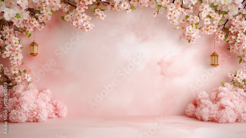 Elegant pink floral background with hanging lanterns and cherry blossoms