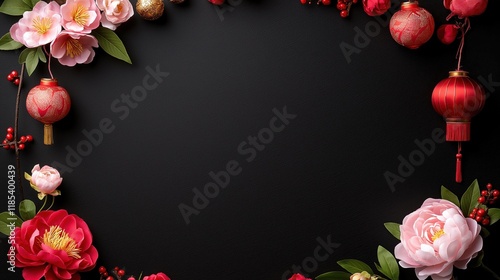 Elegant floral and lantern frame on black background for festive celebrations