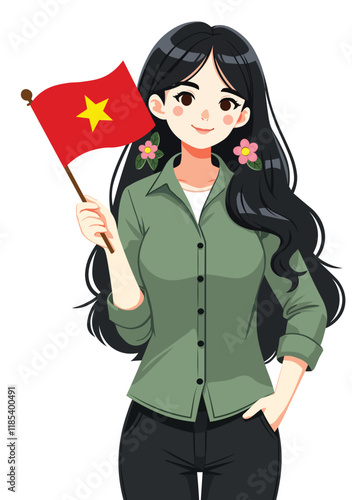 Vietnamese women holding flag