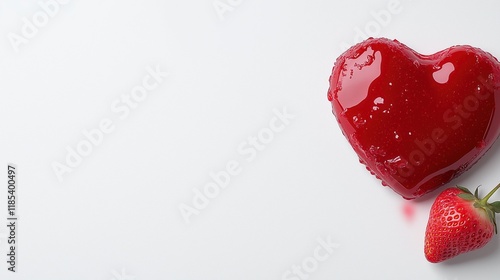 Heart-shaped strawberry jelly dessert with fresh strawberry on white background