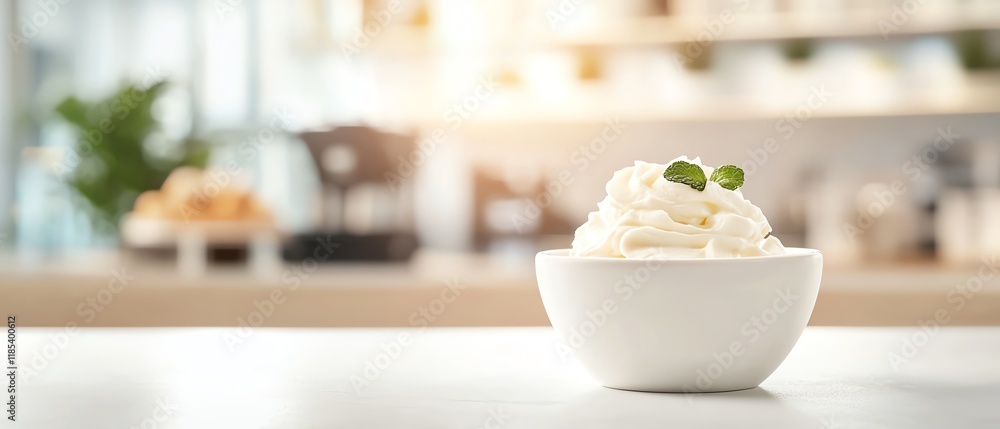 A close-up of a bowl of creamy whipped cream garnished with mint leaves, set against a bright kitchen background. A close-up of a bowl of creamy whipped cream garnished with mint leaves, set against a bright kitchen background.