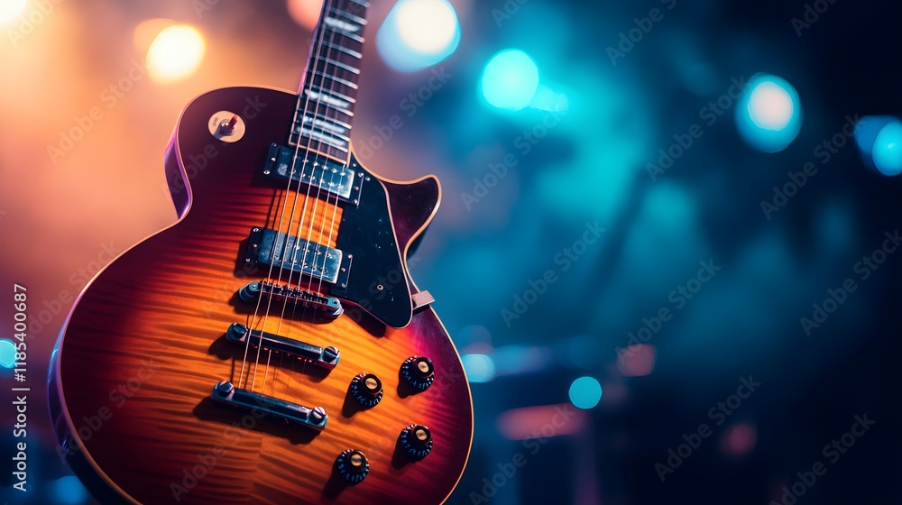 Fototapeta premium Electric Guitar On Stage Under Bright Lights