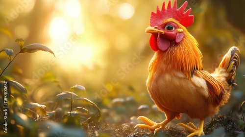 Golden Rooster at Sunrise in a Lush Forest: A Stunning Display of Nature's Beauty photo