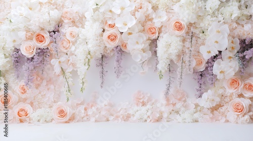 Elegant floral arrangement with white orchids, peach roses, and soft lilac blooms