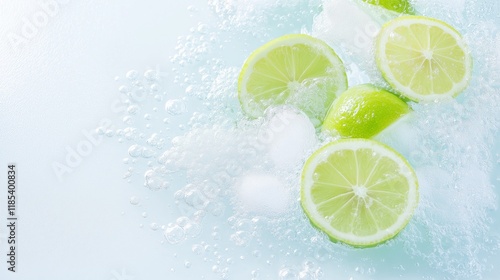 Refreshing sliced limes in fizzy water with bubbles and ice on light blue background