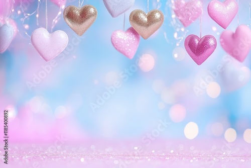 Glittery hanging hearts on pastel background: soft focus romantic decor