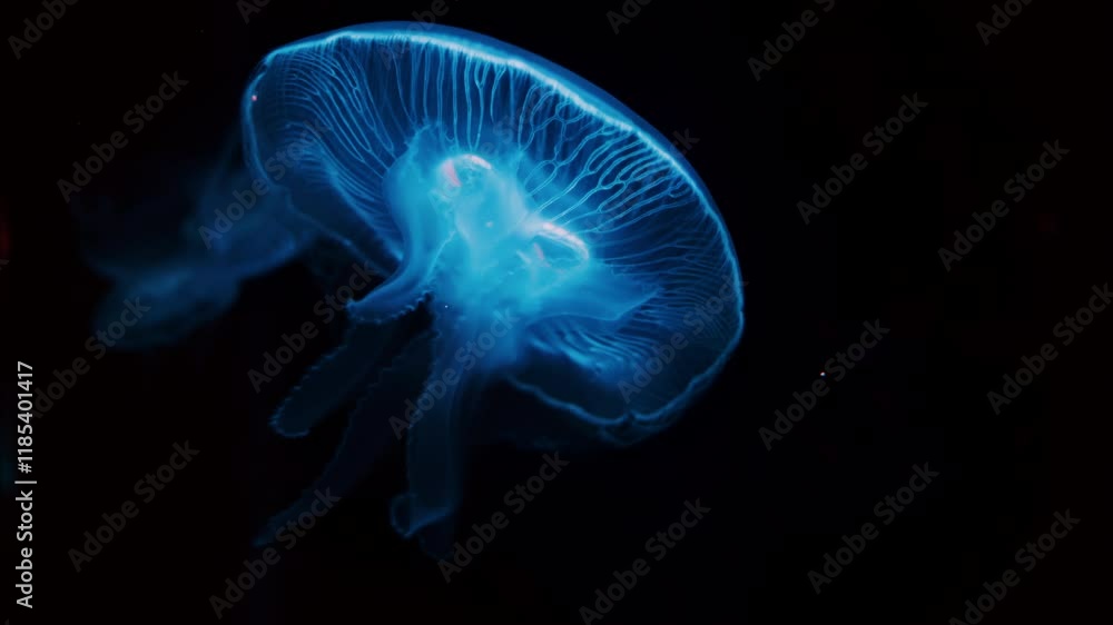 Close up of Moon jelly swimming in the pitch black water Close up of Moon jelly swimming in the pitch black water
