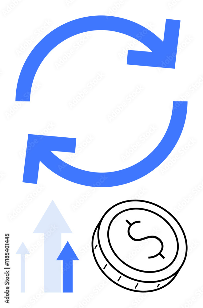 Blue circular arrows, rising arrows in various shades of blue, coin with dollar symbol depicting financial growth. Ideal for finance, business, investment, economic progress, savings, currency Blue circular arrows, rising arrows in various shades of blue, coin with dollar symbol depicting financial growth. Ideal for finance, business, investment, economic progress, savings, currency