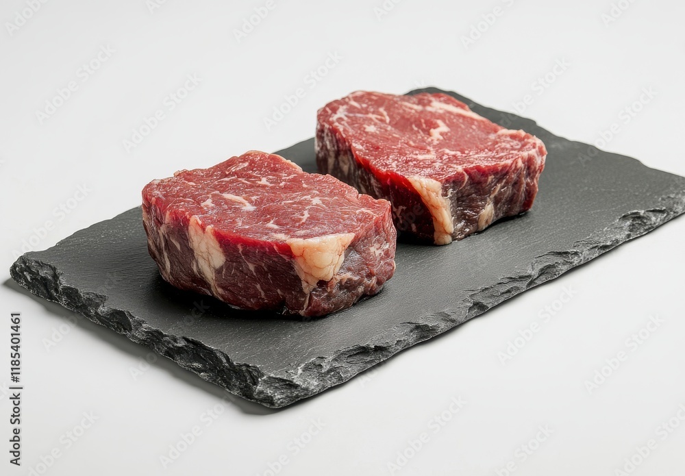 Freshly Cut Premium Beef Steaks Displayed on a Slate Board, Showcasing Rich Red Color and Intriguing Marbling for Culinary Inspiration Freshly Cut Premium Beef Steaks Displayed on a Slate Board, Showcasing Rich Red Color and Intriguing Marbling for Culinary Inspiration