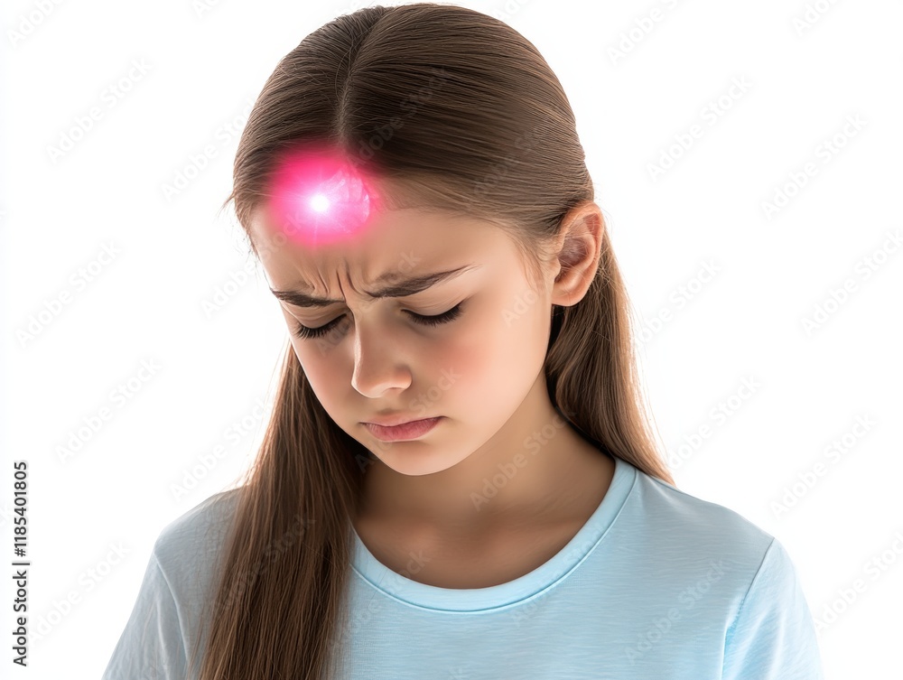 Young girl with a glowing forehead light illustrating the concept of headache relief, mental health awareness, and brain activity in scientific research and human biology studies Young girl with a glowing forehead light illustrating the concept of headache relief, mental health awareness, and brain activity in scientific research and human biology studies