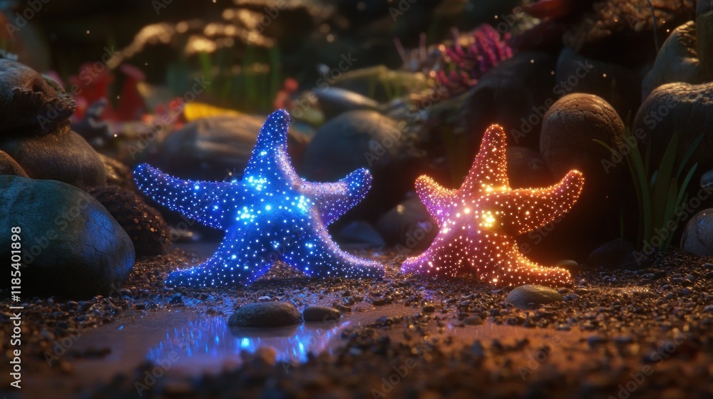 Two glowing starfish on ocean floor. Two glowing starfish on ocean floor.
