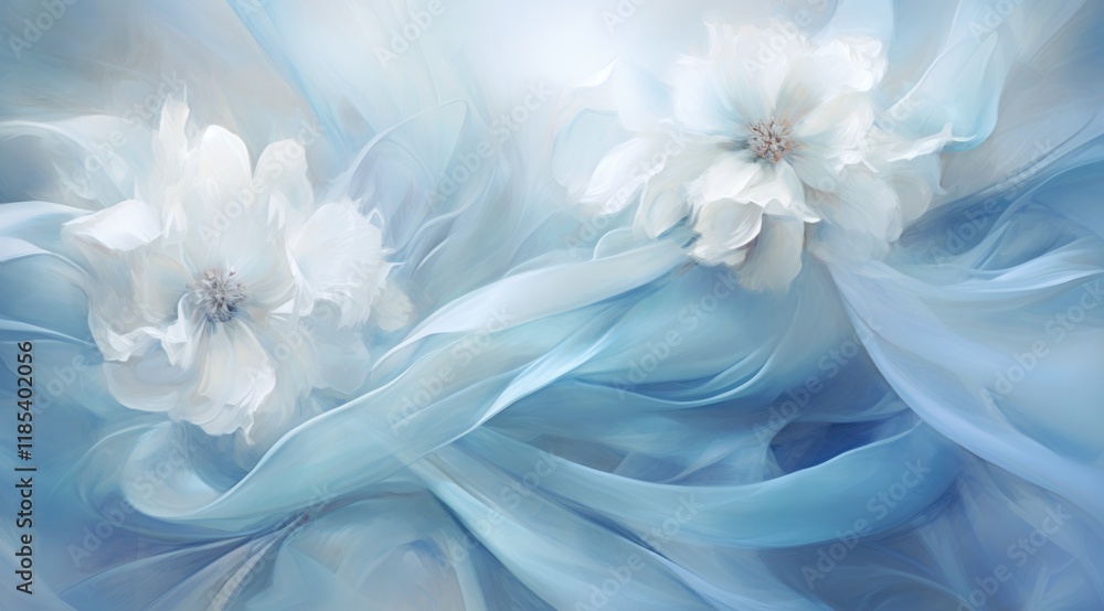 Ethereal blue and white flowers entwined with flowing fabric, creating a serene ambiance. Ethereal blue and white flowers entwined with flowing fabric, creating a serene ambiance.