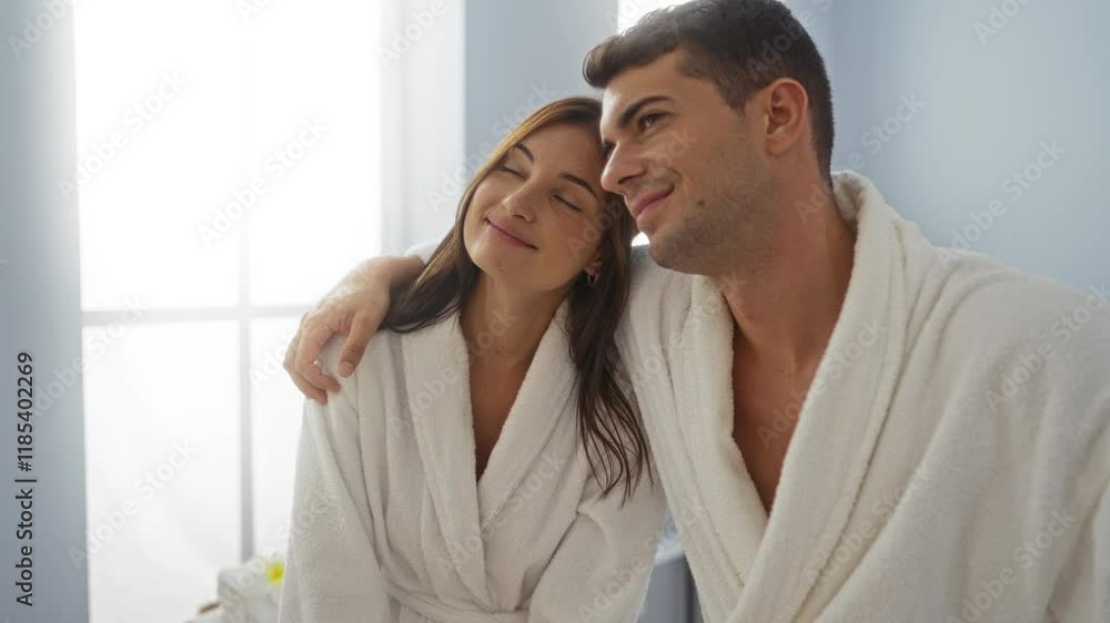 Couple relaxing in spa wearing white robes, smiling at each other in a serene beauty center room, exuding wellness and tranquility. Couple relaxing in spa wearing white robes, smiling at each other in a serene beauty center room, exuding wellness and tranquility.