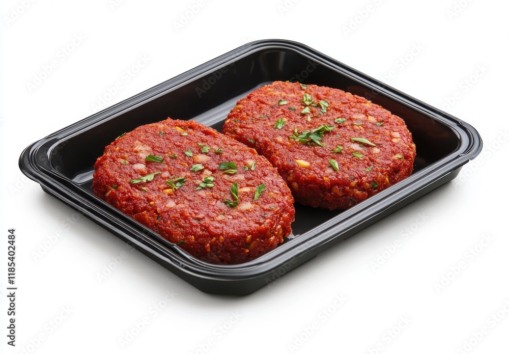 Freshly Prepared Red Meat Patties in a Black Plastic Tray on Isolated White Surface, Ideal for Culinary Arts and Food Photography Freshly Prepared Red Meat Patties in a Black Plastic Tray on Isolated White Surface, Ideal for Culinary Arts and Food Photography