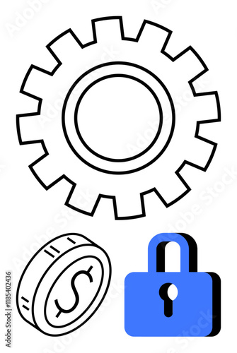 Gear for process optimization, dollar coin for finance, and blue padlock for security. Ideal for finance, business, technology, cybersecurity, innovation, protection abstract line flat metaphor