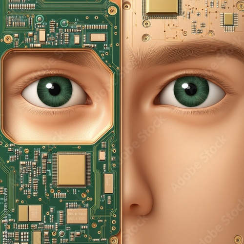 Close up portrait of human eyes integrated with circuit boards, symbolizing the fusion of technology and biology for advanced vision and cybernetic research concepts photo