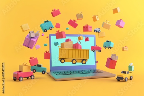 Online Shopping Concept with Floating Gift Boxes and Delivery Trucks