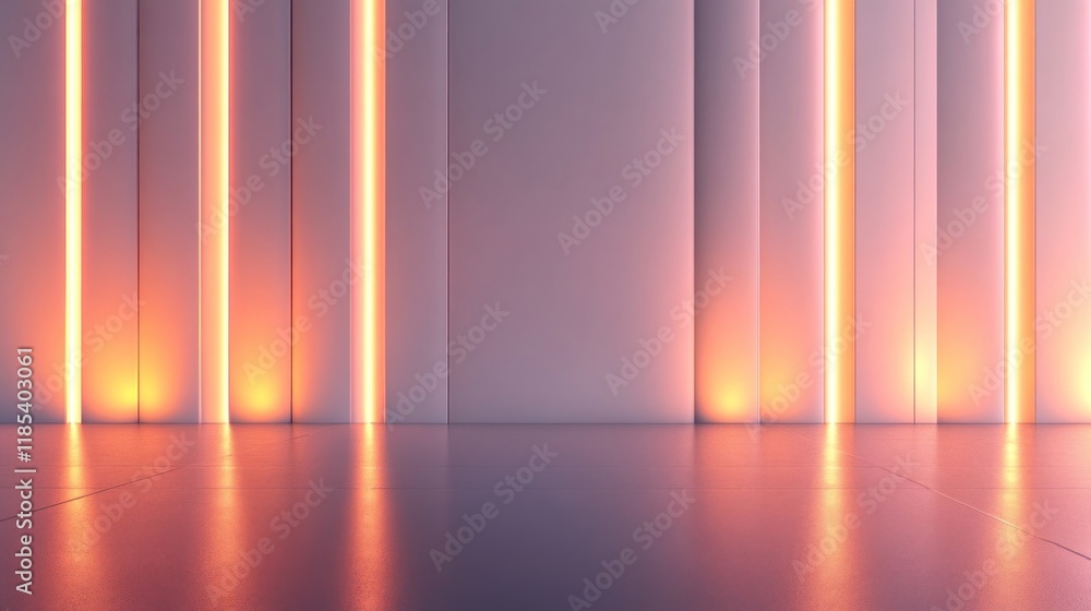 Abstract glowing lines illuminate a modern, minimalist room with reflective floor. Abstract glowing lines illuminate a modern, minimalist room with reflective floor.