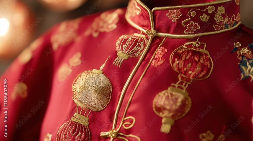 Naklejka premium red silk Chinese New Year shirt with bold gold embroidery of lanterns and firecrackers for a festive celebration