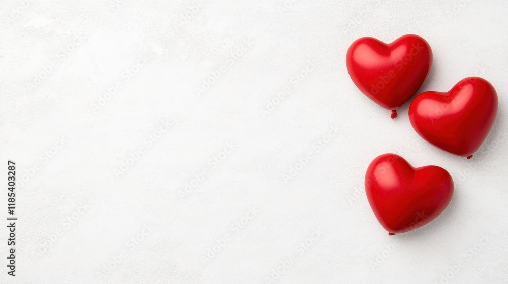 Three red heart balloons on white background with copy space for love and romance themes