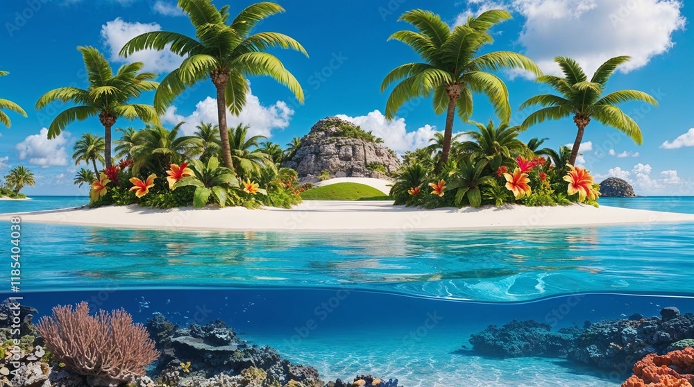 Obraz premium A tropical island view from the sea, featuring lush palm trees and vibrant tropical flowers along the shoreline.