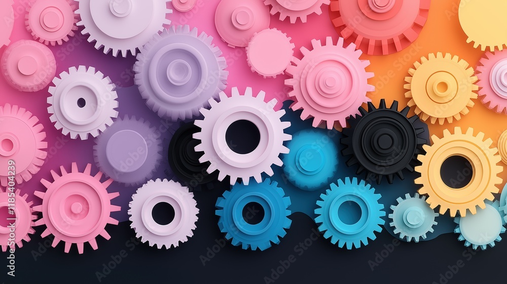 Colorful gears on vibrant gradient background Colorful gears on vibrant gradient background